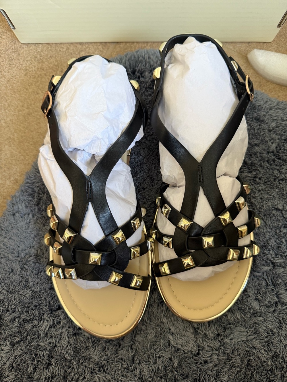 Women's Black Stud-Embellished Strappy Flat Sandals